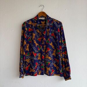 Vintage Jordan Equestrian Print Button Up Blouse‎ Size 6 Women Blue Korea Vtg